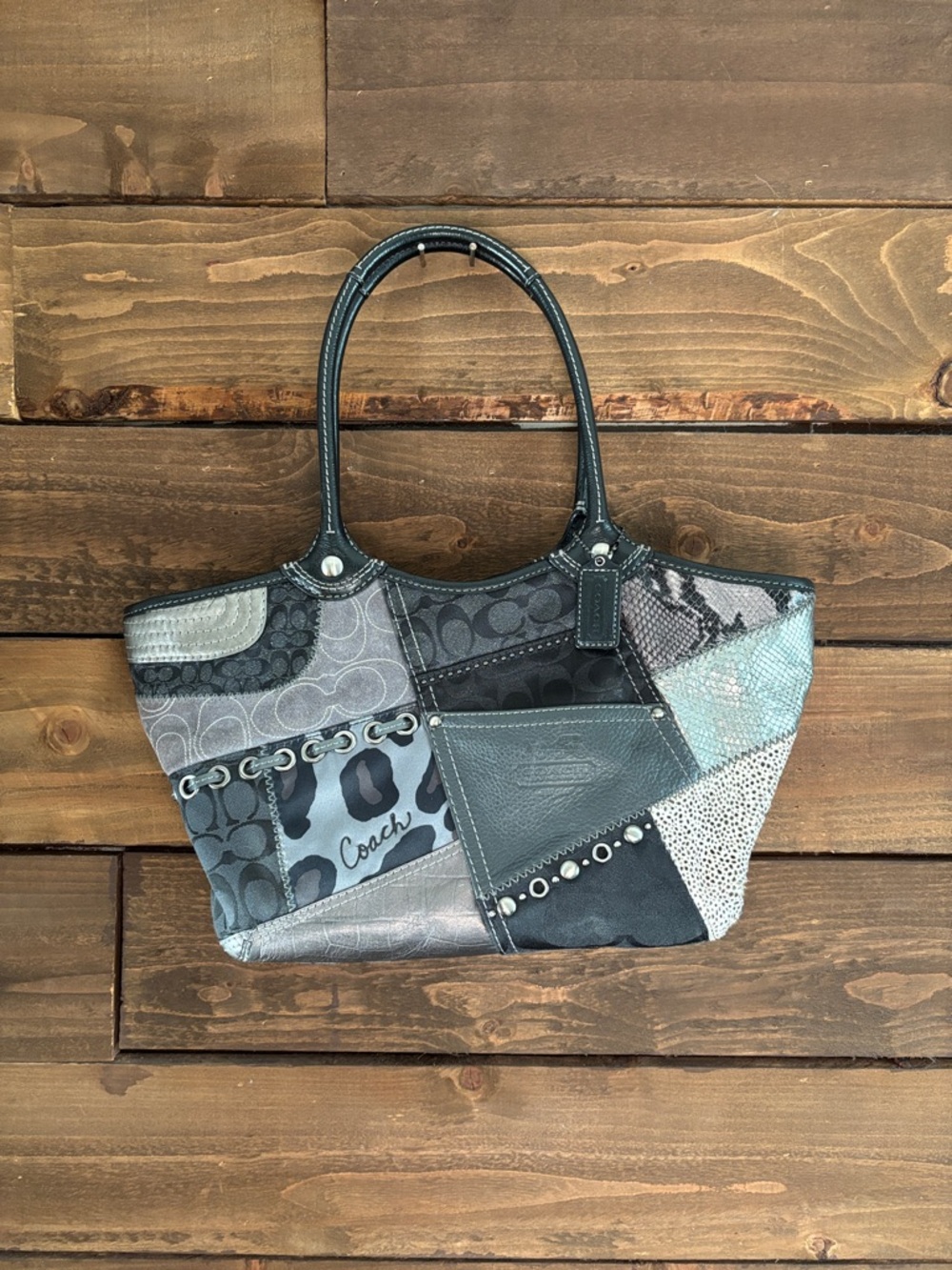 Coach black and gray patchwork matching purse bag and wallet - Picture 2 of 10